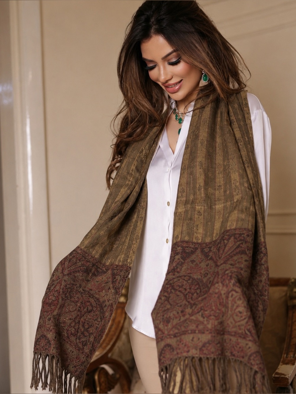 Brown Tan Burgundy Tapestry Brocade Pattern Wool Pashmina Wrap Scarf Boho Chic